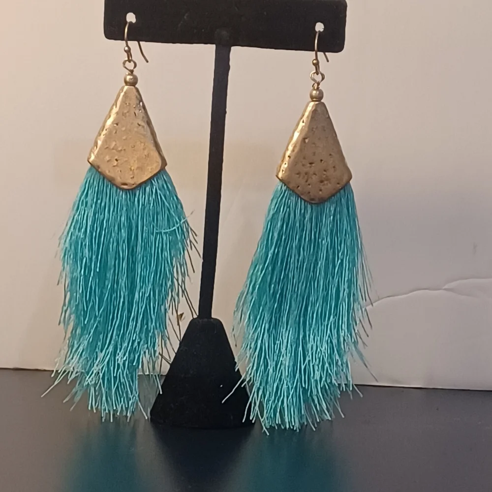 Bella Canvas Gold and Blue Tassel Earrings - Picture 2 of 6